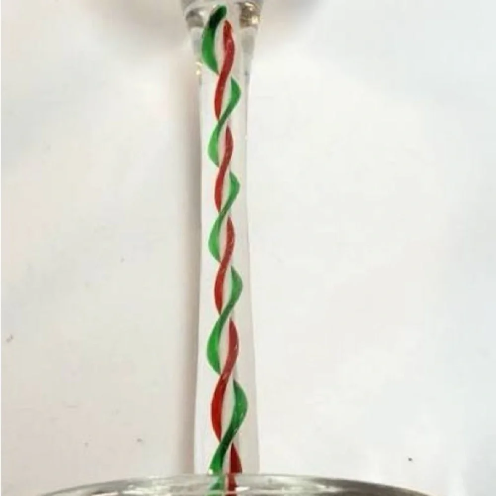 Pier 1 Glass Goblets Ribbon Candy RED WHITE GREEN Swirl Stems Set of 2 9